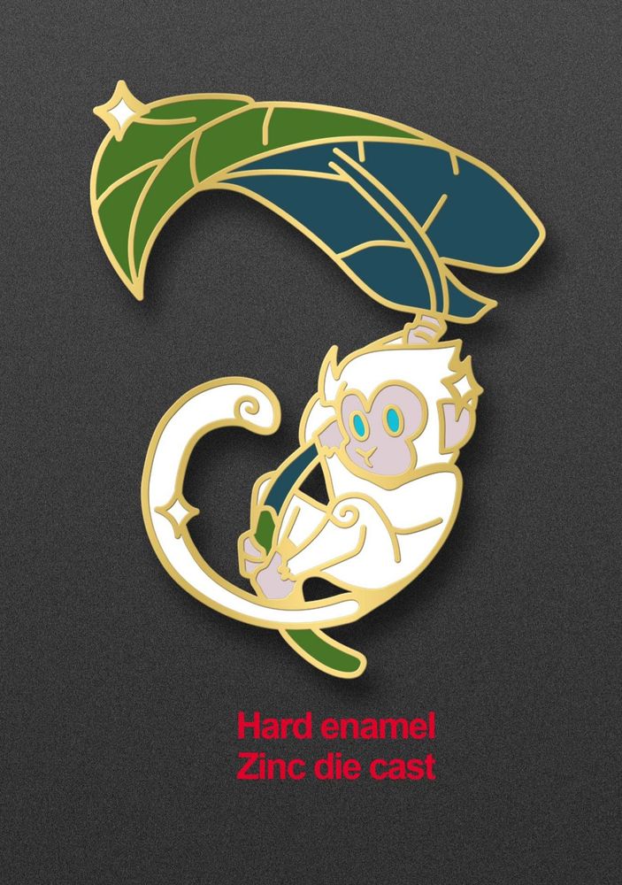 Coming Soon! FlowerFruit Mountain's baby monkey pin, hard enamel with gold plating. These pins will be 1.75" featuring this cheeky white monkey.