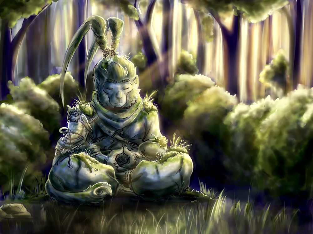 A stone visage of the Monkey King, Sun Wukong, sits undisturbed within a woodland setting. Light filters through the trees, illuminating the statue covered in moss and lichen, grown over years undisturbed. 
