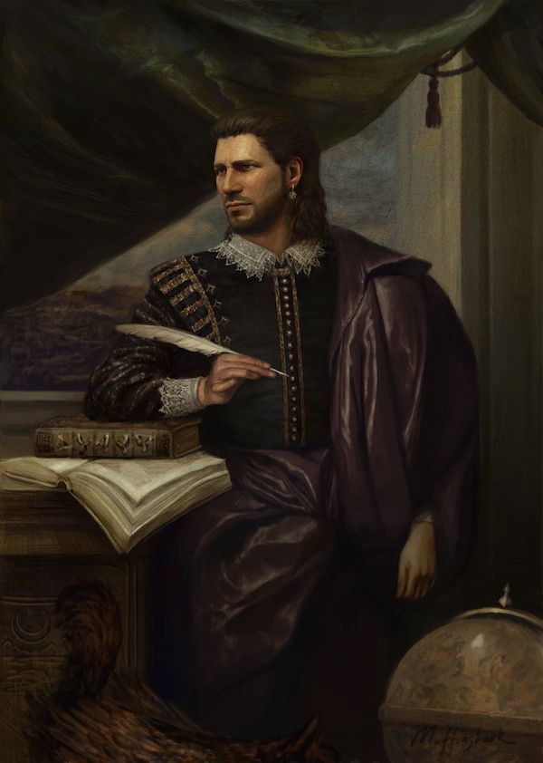 Painterly portrait fanart of Gale Dekarios from Baldur's Gate 3 wearing a gold-trimmed black doublet with white lace collar and cuffs. His right hand is holding a white quill and his right arm is resting on two stacked books on a small wooden table with the engraved crest of Waterdeep. Behind him is a window out into the city with a dark green curtain draped diagonally down over it. Tara's tail and wings are visible in the bottom left corner of the picture, and there is a globe in the bottom right corner.