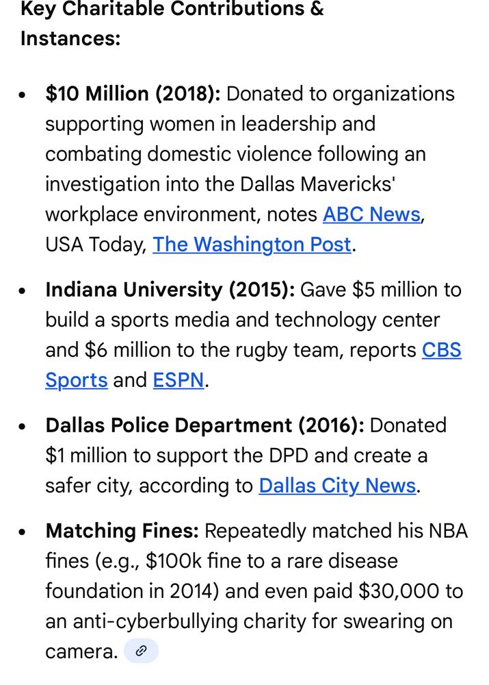 Key Charitable Contributions & Instances:
• $10 Million (2018): Donated to organizations supporting women in leadership and combating domestic violence following an investigation into the Dallas Mavericks' workplace environment, notes ABC News,
USA Today, The Washington Post.
• Indiana University (2015): Gave $5 million to build a sports media and technology center and $6 million to the rugby team, reports CBS Sports and ESPN.
• Dallas Police Department (2016): Donated $1 million to support the DPD and create a safer city, according to Dallas City News.
• Matching Fines: Repeatedly matched his NBA fines (e.g., $100k fine to a rare disease foundation in 2014) and even paid $30,000 to an anti-cyberbullying charity for swearing on camera.