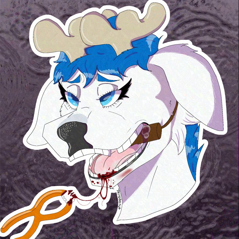 A white deer with blue hair with a stick holding open its mouth, and a trail of blood tied to a tooth that has been pulled from it's mouth.