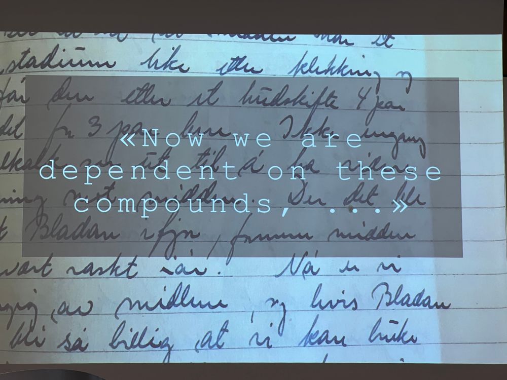 A picture of a handwritten notebook with translation “Now we are dependent on these compounds”