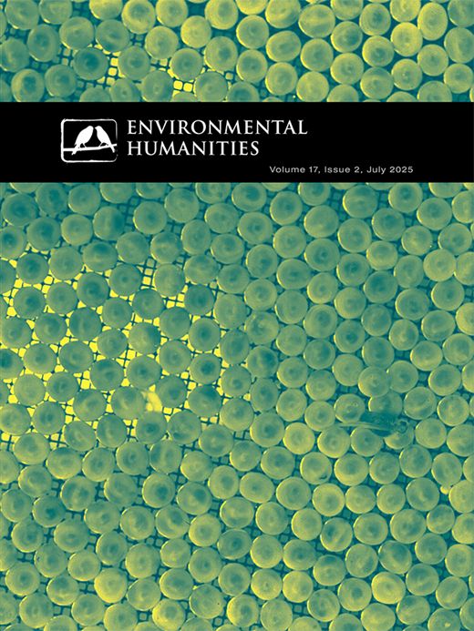 green/yellow tinted image of fish eggs on the cover of the journal Environmental Humanities