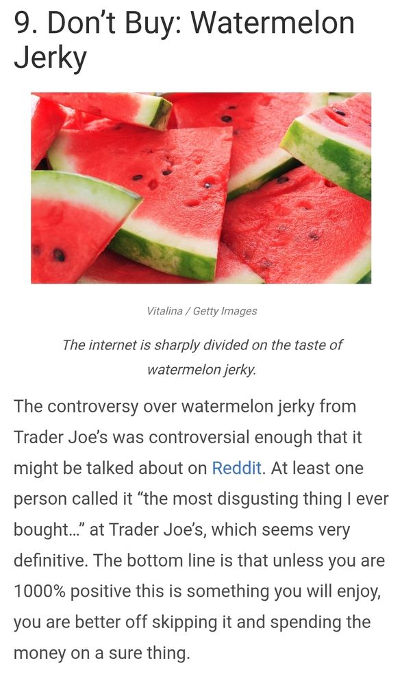 An article about a trader Joe's product called watermelon jerky. 
