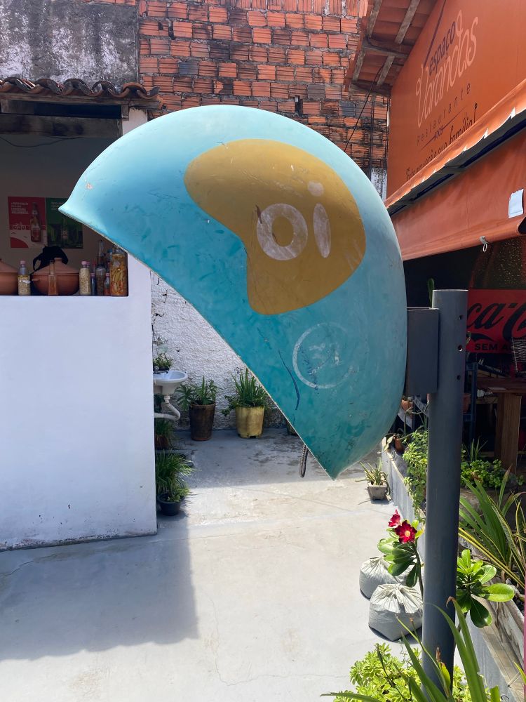 Um orelhão azul com a logo quase defasada e antiga da Oi, junto com o 31 em baixo num circulo, ao lado de plantas, paredes e tijolos.