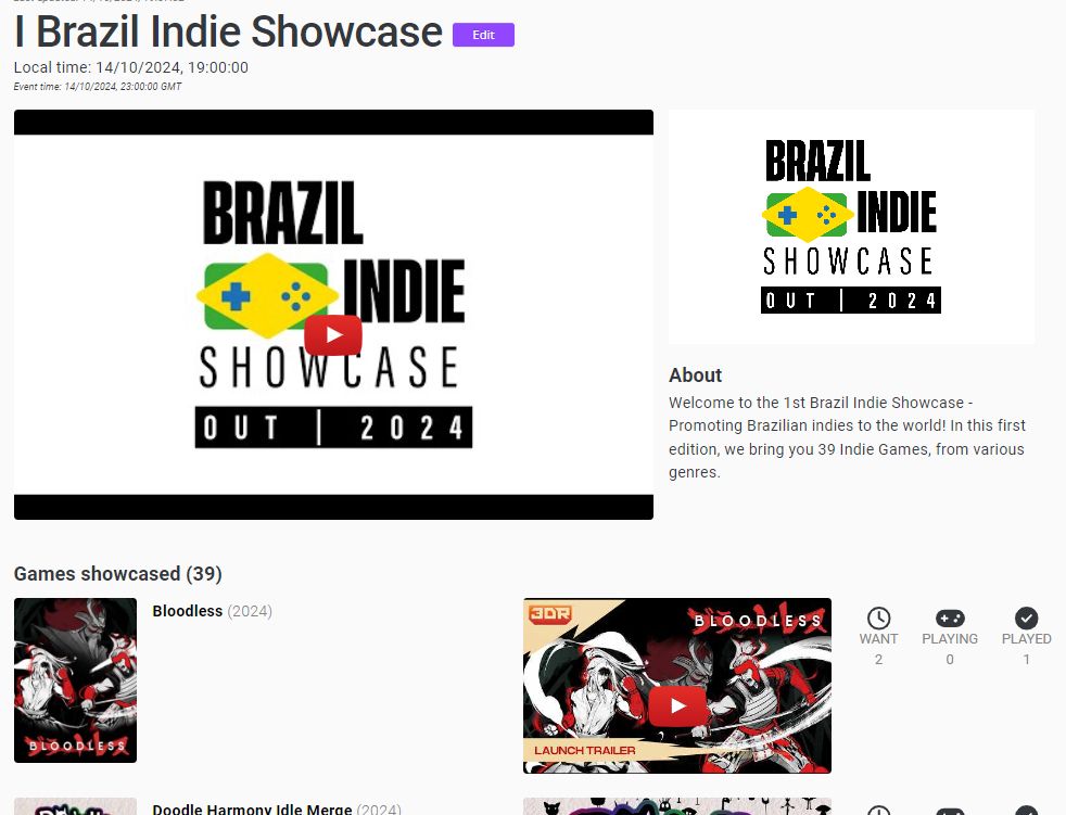 A página de evento do primeiro Brazil Indie Showcase, com 39 jogos listados ao lado de seus respectivos trailers.