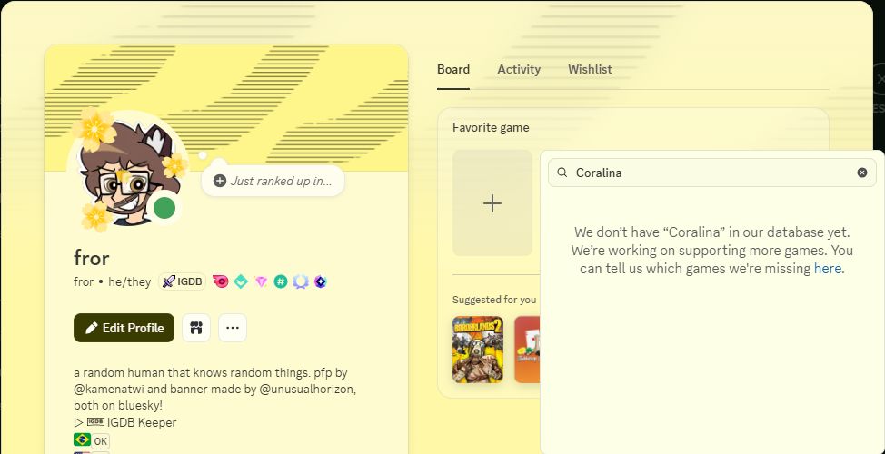 Meu perfil do Discord na aba de escolher um jogo favorito, pesquisando pelo jogo "Coralina" mostra nenhum resultado.