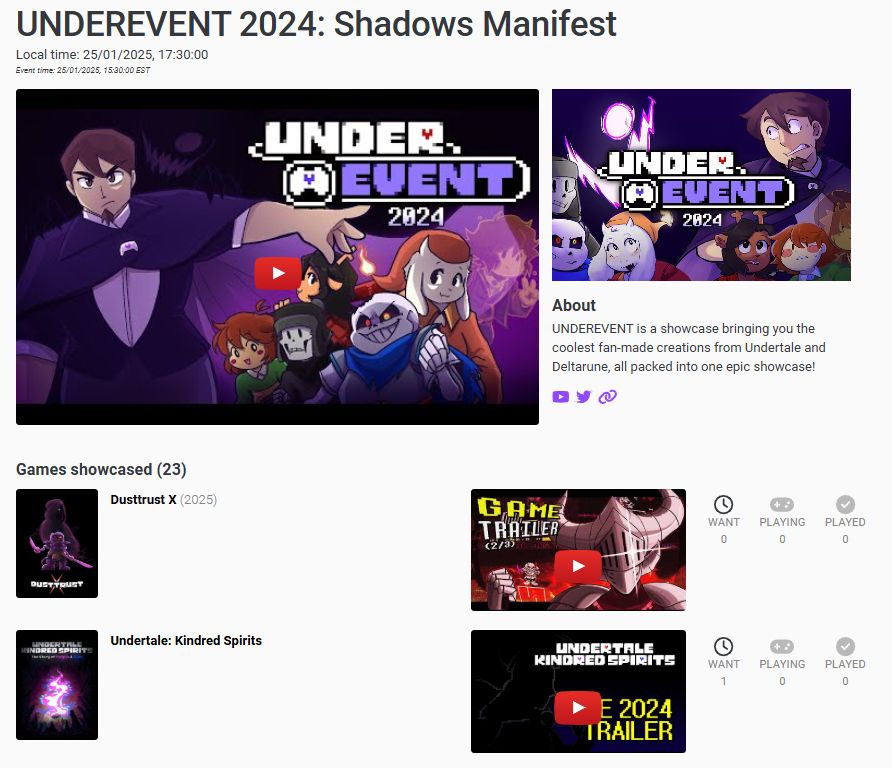 The event page for UNDEREVENT 2024 on IGDB, with 23 games being listed; DUSTTRUST X and Undertale: Kindred Spirits being shown at the top of it with their respective trailers, and the options "Want", "Playing", and "Played" is shown on the right side.