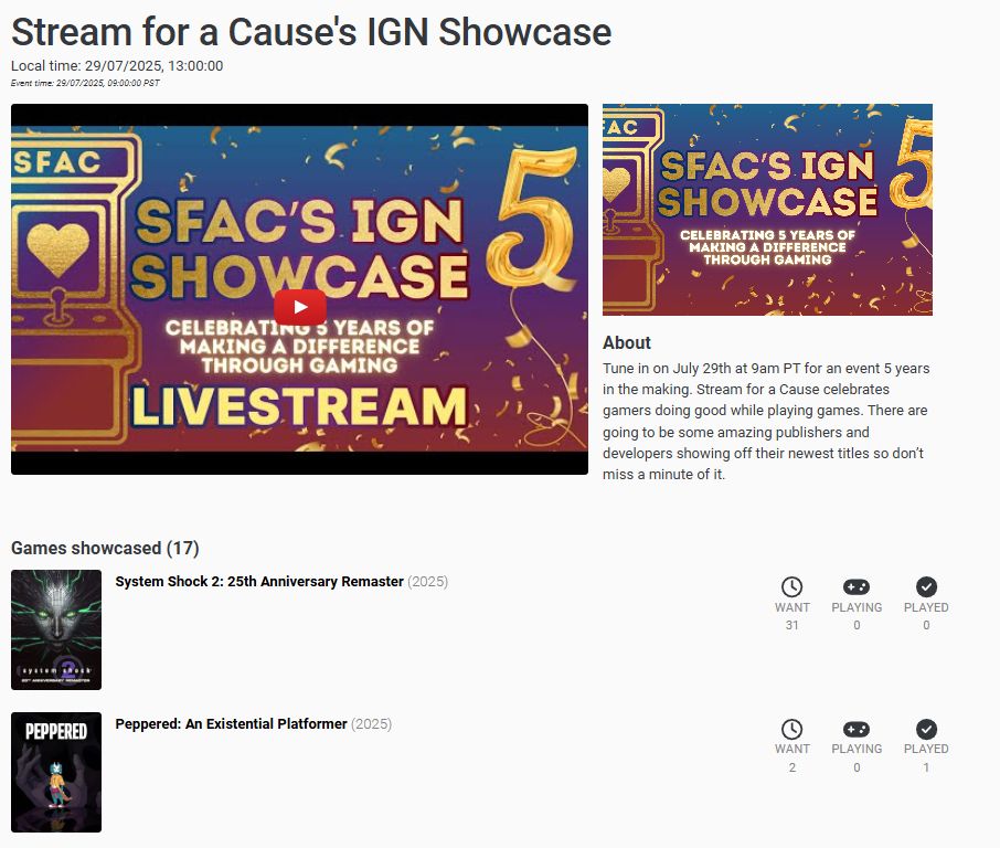 The event page for Stream for a Cause's IGN Showcase on IGDB, with the title and time and date at the top, the live stream and the description in the middle, and at the bottom, the 17 games that were showcased on it. In the screenshot, System Shock 2: 25th Anniversary Remaster and Peppered: An Existential Platformer are the only ones visible, with the "Want", "Playing" and "Played" buttons on the right side.