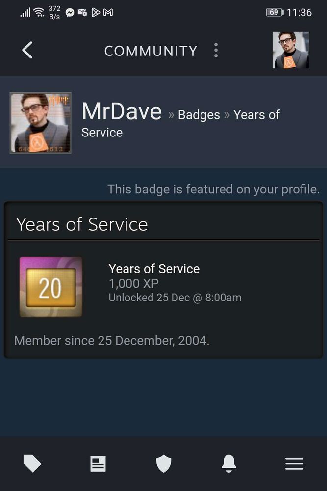Screenshot showing a Steam account that is 20 years old. 