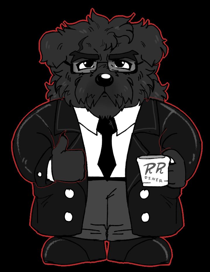 nemesis, a giant schnauzer anthro, is smiling and giving a thumbs up to the camera while holding a coffee cup. this is a reference to dale cooper form twin peaks :]