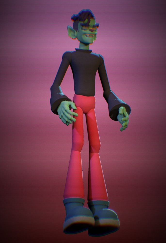 Imagem de corpo inteiro do menino goblin, que usa uma calça vermelha, uma camisa preta e botas azul cobalto