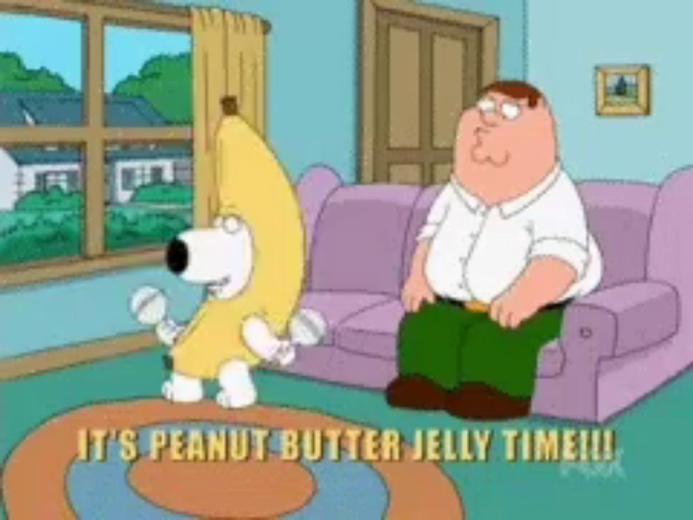 a cartoon of peter griffin sitting on a couch with a peanut butter jelly costume