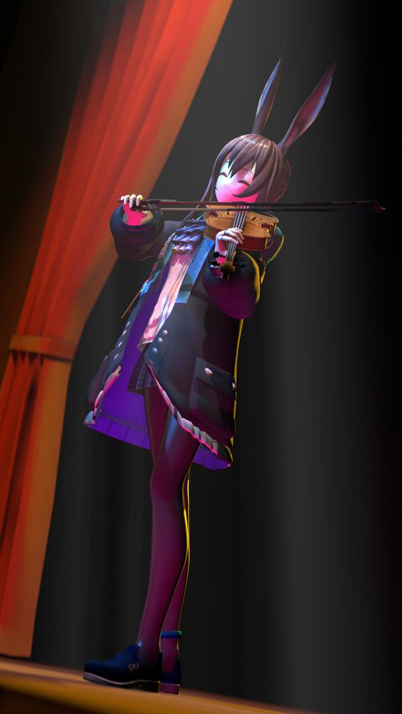 Amiya from Arknights playing the violin on a stage while a white light above her to make her stand out