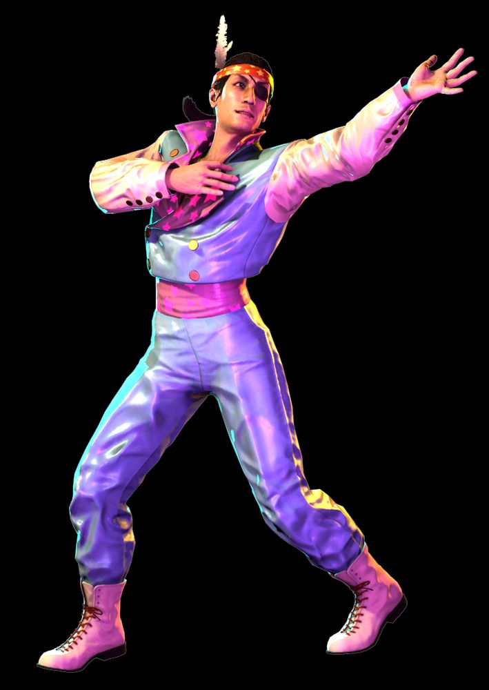 A render of Goro Majima from the Yakuza/Like A Dragon series in his idol outfit from Yakuza 0 doing a pose with one hand in his chest and the other hand on the air