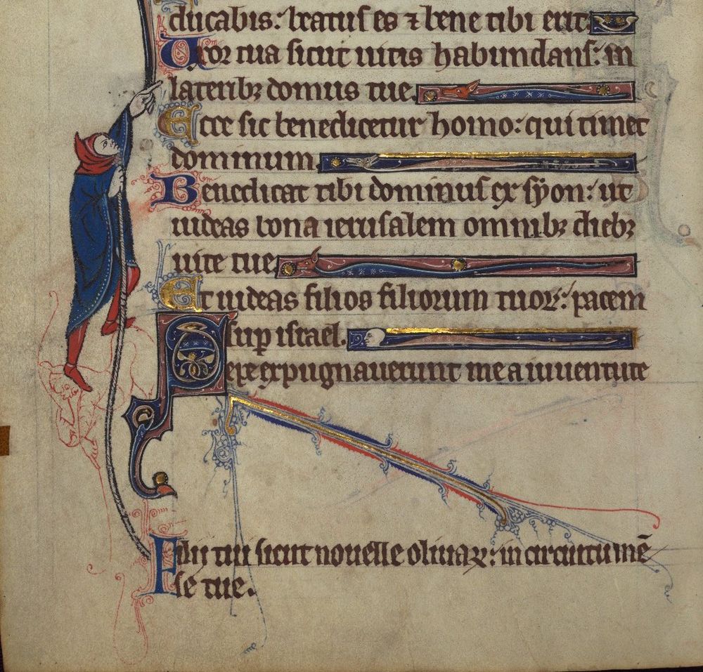 A figure in a late medieval manuscript drawn on a margin. They are pulling a missing piece of text on a rope and pointing to a place where it should be inserted.