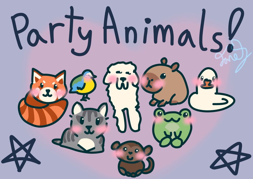A drawing I made of me and my gf and her friends! Text at the top says “party animals”. From left to right, top to bottom: fox for Natalie, songbird for Hannah, Great Pyrenees for Chuck, capybara for Christian, Duck for Rowan, Cat for me, Monkey for Matt, & Frog for Willow