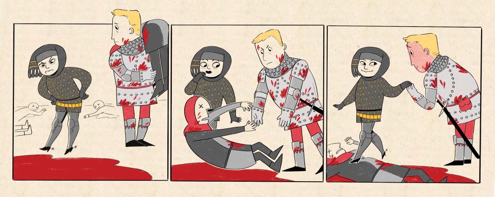 A three panel comic in the style of Jucika by Pál Pusztai (1957-1970) depicting Istvan Toth and Erik from Kingdom Come Deliverance. In the first panel, Istvan has his hands on his hips and is peering down at a puddle of blood with disgust. He is lifting one foot (notably, wearing heeled shoes to look like Jucika) away from the mess in front of him. Erik is off to the side, spattered with blood and carrying a corpse over one shoulder. He is looking over his shoulder with sympathy for Istvan's predicament. In the second panel, Erik is hefting the corpse from his shoulder onto the bloody puddle. Istvan looks on with a surprised expression. In the third panel, Erik helps Istvan cross the puddle using the corpse as a stepping stone. Istvan's pose is feminine and alluring, his expression pleased as a cat with a bowl of cream. Erik is smiling and bowing slightly, his entire face red with blush.