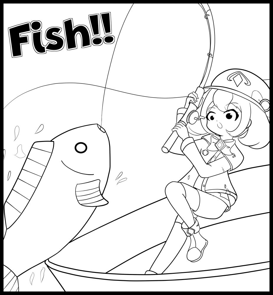 Black and white drawing of a ghost girl catching a fish!! She has a surprised expression and the is trying very hard to get the fish up! She is on a boat in the water. She is wearing a jacket and shorts and boots! 