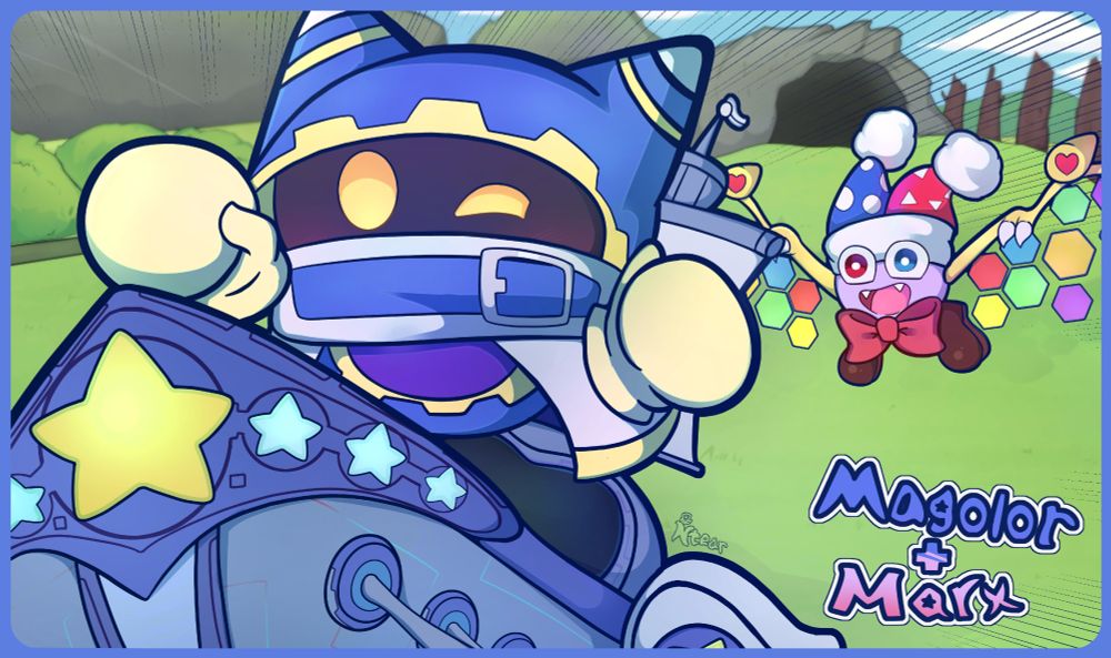 Magolor and Marx from the Kirby series flying through a grassy field. Magolor is in the front riding a miniature version of his starcutter lore ( a blue boatlike flying ship with a sail on the back and stars on front) He has one of his arms up moving forward like hes saying "Onward!" He is also winking and looking pleased. 

Marx the cute Jester ball creature is in the back flying using his wings he has an open happy mouth as he is approaching Magolor from behind. In the background there is a cave and some clouds and shrubs! There is also zoom lines on the screen to show that they are going really fast! 

The words on the screen say "Magolor + Marx"

Art by me Ntear