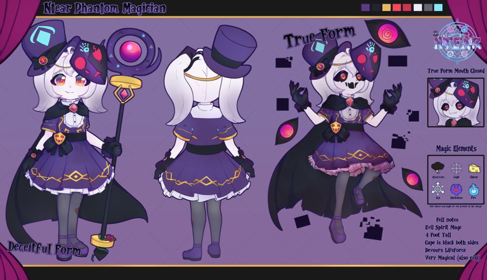 Ntear Ghost Girl Mage Vtuber Official Ref Sheet!

Ntear is an evil spirit mage that has Pale white ghost skin and white slightly transparent twin tail hair. She wears a purple Frilly dress with black cape and purple top hat and a clown like mask on the side of her head. Her eyes are red with spider webs in them. She wears leggings with a rose like pattern on the right side. 

On the leftmost side of the image has her in her deceitful form, a magic altered version of herself to look more cute and less menacing. This picture is holding her staff, that is circle like on the top with a red floaty orb. The bottom of said staff has a rose on it. Middle image is her back view without the cape. Rightmost image has her in her true form! A more menacing evil version of herself that has red eyes with black scalara and black gooey mouth. Her hands in this form are more sharp and claw like and her attire is more ripped and decayed. The image in this form also has darker colors. There is dark magic cubes and evil floating eyes around her. 

Fell notes written on the image: 
Evil Spirit Mage
4 Foot Tall
Cape is black on both sides
Devours lifeforce
Very Magical (Also Evil)