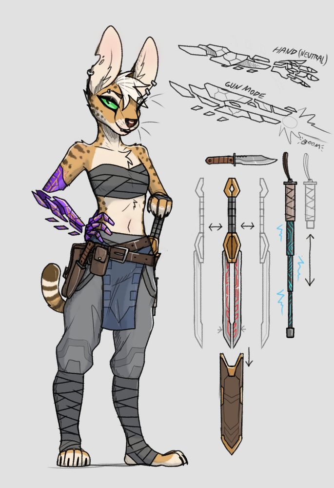 A colored sketch of an anthropomorphic serval, implicitly FtM transgender as evidenced by a binder-like top he wears + male pronouns in the post text. He has a somewhat coy smirking expression. One eyebrow and both ears are pierced, with the right one notched where a piercing might have been. His right arm is a purple crystalline prosthetic with circuit-like traces, which as indicated by a sketch off to the side, can reconfigure into a gun-like mode. 

He wears baggy gray pants with a blue loincloth overtop and wraps on his lower legs and left hand, as well as a plethora of belts and pouches and stowed weapons, the latter of which are detailed beside him: A pronged double-edged shortsword that can split into two slimmer single-edged swords, a hunting knife, and a collapsing baton lined with electric blue runes (and arcs of electricity around it).