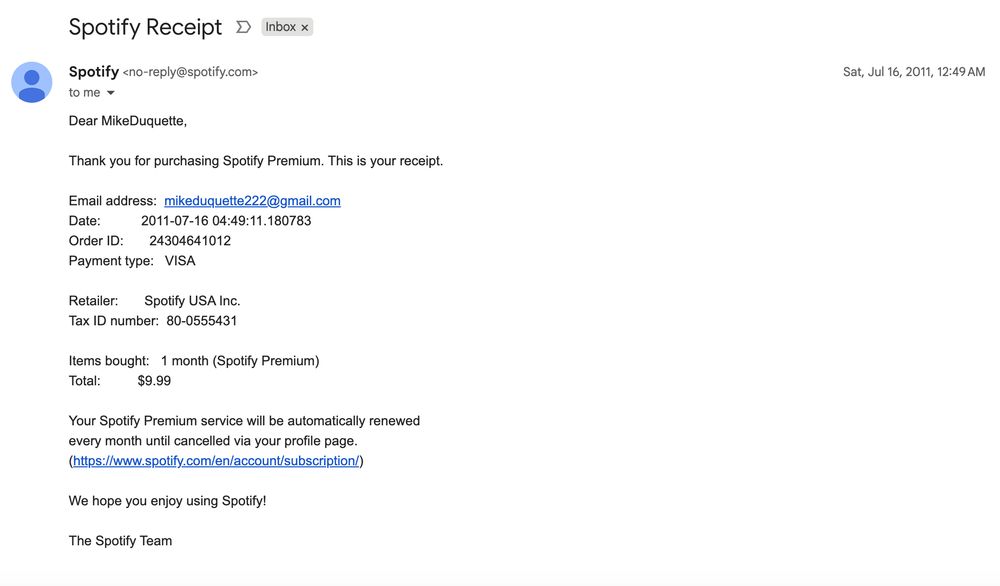 Screenshot of my Spotify subscription purchase in 2011. I don't know if I didn't redact anything I should but if there are card numbers in there, they're long expired