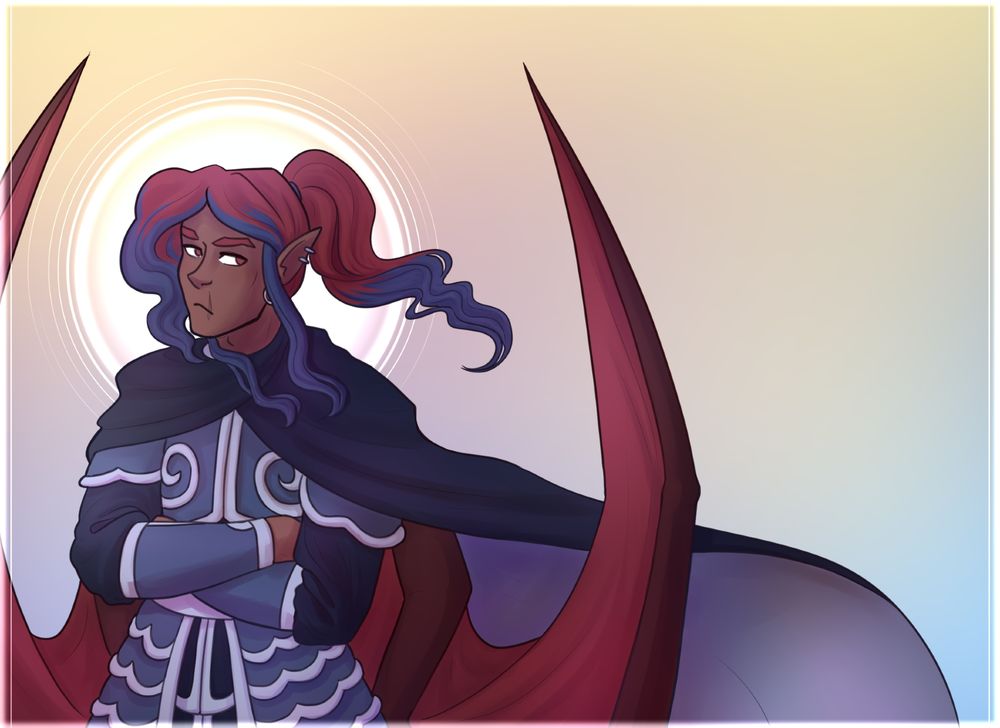 A digital drawing of a character with long ponytail and blue armour over a pastelline gradient similar to a sunrise sky and a sun-like pattern behind his back.