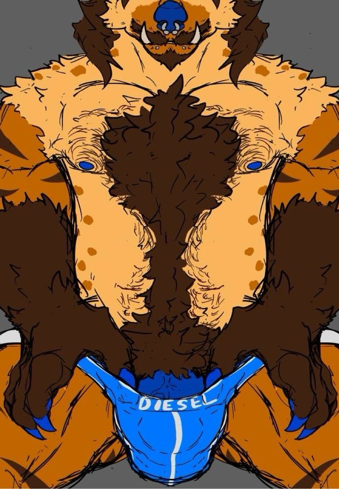 Cropped piece of an orange and brown hyena. He’s wearing a very much filled, light blue jockstrap due to his well endowment as he teases the viewer with the base of his blue shaft. It’s implied he’s about to pull them off to give the view a full view of his shaft to egg them on to get closer.
