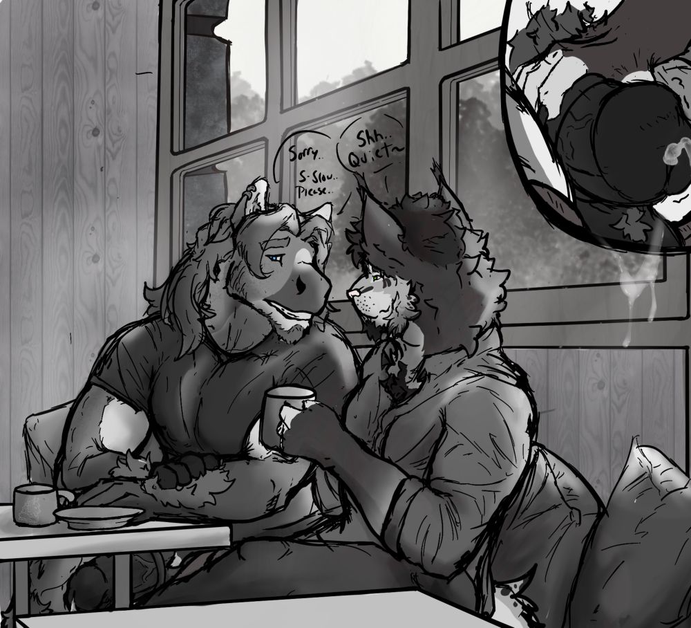 Coffee shop date on valentines turns a bit steamy once Mateo the lynx playfully slips a paw under the table to rile Clay up~ Poor horse was having a hard time keeping quiet once his shaft was pulled out of his shorts and Mateo started stroking him off. He playfully whispers “Shh.. Quiet” while Clay can’t help quickly huffing out a gentle “Sorry.. S-Slow down..”