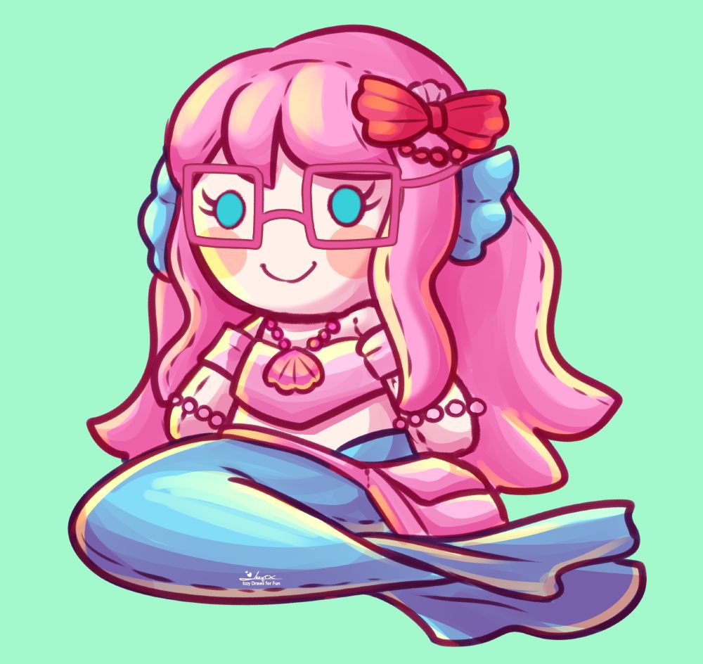 Art of my mersona (a mermaid with glasses, pink hair and clothes, and a blue tail) as a cute little plushie. Drawn by @izzydrawsforfun.bsky.social