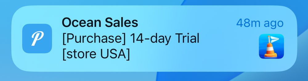 A notification showing a trial purchase of Ocean for iPhone. 