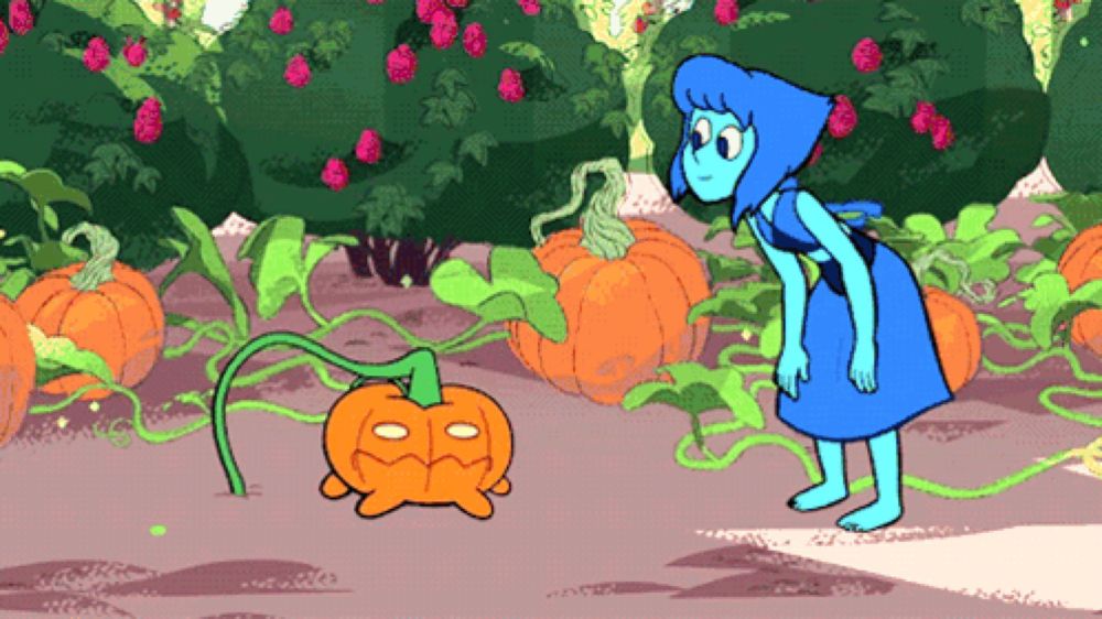 a cartoon character in a blue dress is looking at a pumpkin