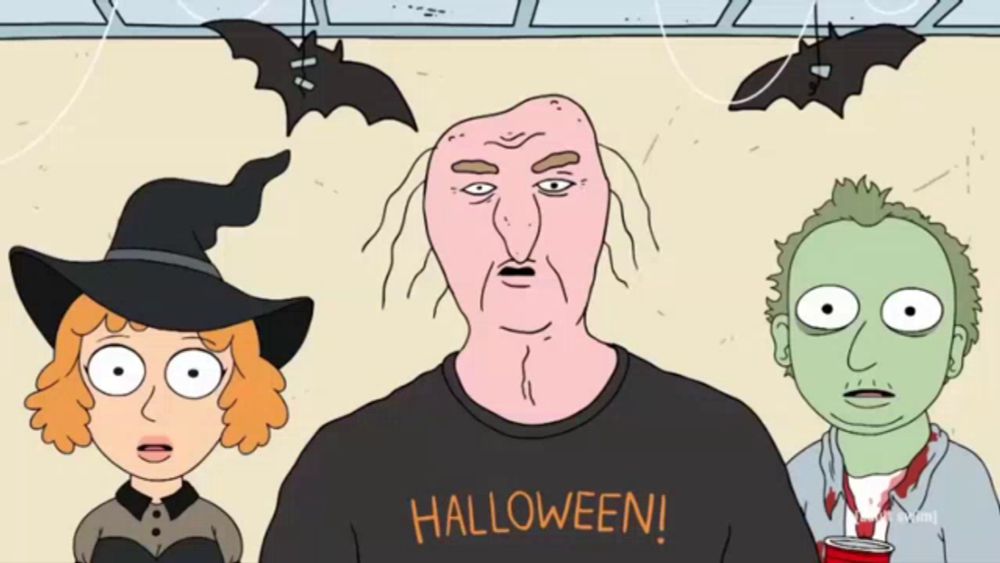 a group of cartoon characters including a witch and a zombie are wearing halloween shirts