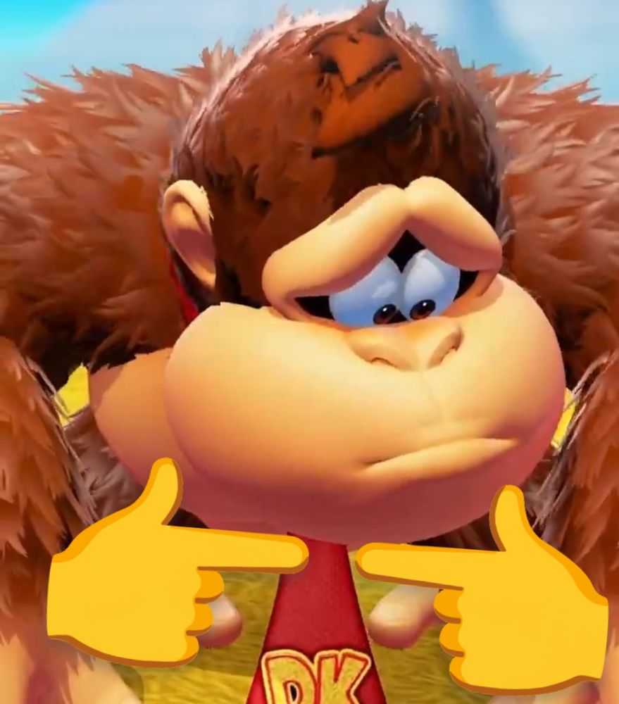 the same image of DK as the quoted skeet, but with "👉👈" overlayed below his face so that he appears to be shyly asking for something.