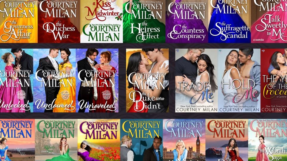 A collage of book covers by Courtney Milan, featuring women (many diverse) wearing gowns in rich jewel tones. 