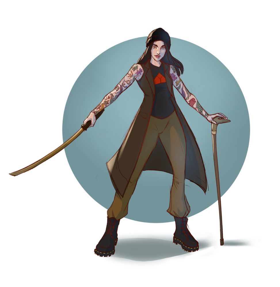 Drawing of a woman wearing a black beanie. She has messy shoulder-length black hair and a smirk on her face. She's wearing a long, brown coat with no sleeves, a black t-shirt with a red Cyberdyne Systems triangle logo on it, baggy light brown pants, and black Doc Marten boots. Her exposed arms are covered in colorful tattoos, featuring flowers, creatures, and a triforce. Her left arm is leaning on a duck-headed cane while she holds a bokken out with her right.