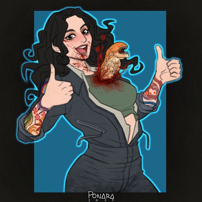 A caucasian woman with messy black hair and sleeve tattoos, dressed in Ripley's jumpsuit from Alien, with a xenomorph bursting out of her chest. She has a big smile on her face and is giving two thumbs up.