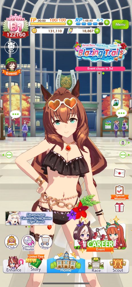Maruzensky in her summer swimsuit outfit on the UmaMusume app Home Screen