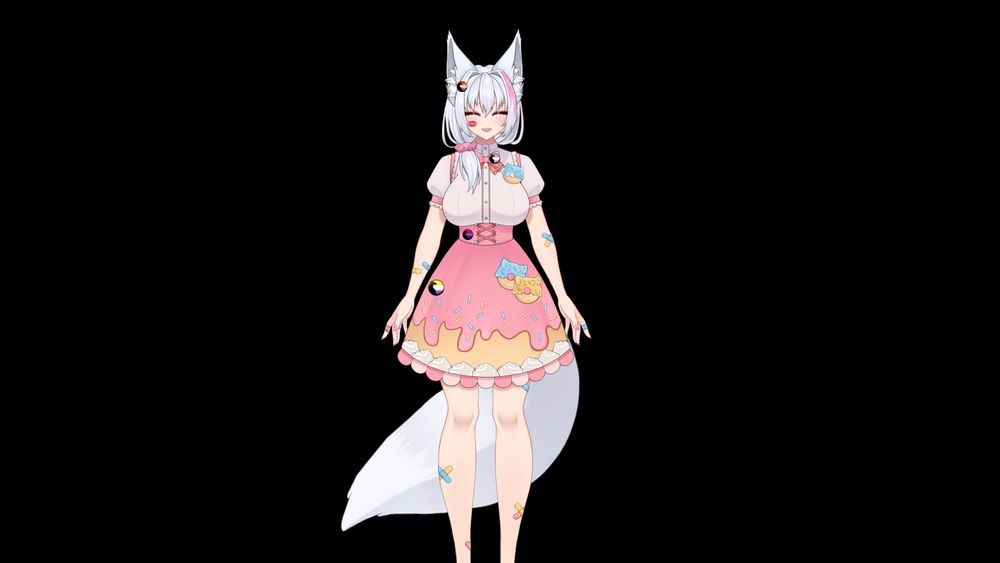 A full body picture of Kami wearing her usual uniform on a transparent background. She has bandaids on her legs and arms and on a few fingers. She has a cool-toned white/silvery hair with a pink streak on one side of her bangs and a side-ponytail on the other side with a pink scrunchy. She has two big fox ears on top of her head matching her hair color, along with a big bushy tail also matching her hair color. The skirt of her dress mimics a donut with pink frosting on top dripping down onto a brown base and at the fringe of the skirt are white frosting tufts. The skirt combines with a corset at the waist, leading up to a light pink button up shirt with a pink bow around the neck. On her shirt there is a pin of a donut with blue frosting in the shape of cat ears and on her skirt is the same donut but bigger right next to a similarly designed donut with yellow frosting She has a pronounced red lipstick mark on her cheek and pink hearts for pupils in her blue eyes and her mouth is in an open smile of excitement. Several pride pins with a rat motif are pinned to her, including a lesbian pride pin in her hair by her ear, a trans pride pin on her bow, a bisexual pride pin on her corset, and a nonbinary pride pin on her skirt