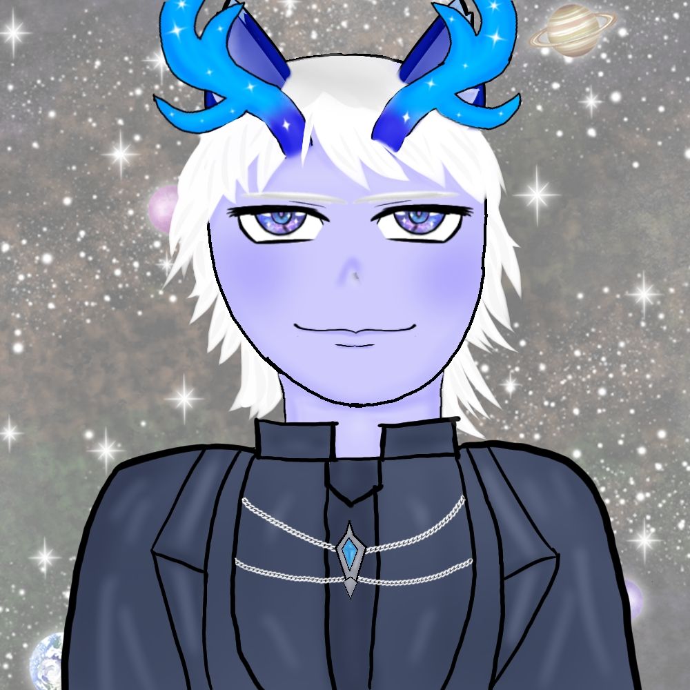 A digital drawing of Nyx painted by Akanenekoninja. Nyx is wearing his usual dark jacket, with his blue crystal necklace, and sparkly eyes/antlers. He is upon a space themed background.