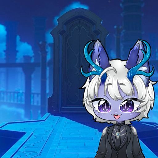 A chibi pngtuber of Nyxeon stood in front of the Gension 'login screen' door.
