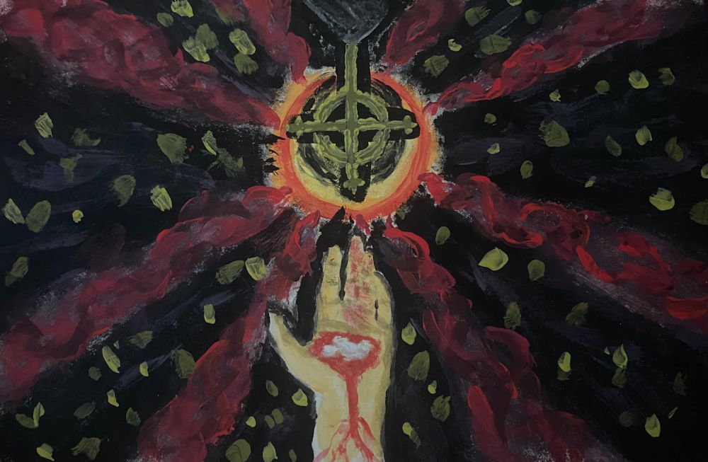 Recovery (2023) - Gouache

A painting of a bloodied hand holding pills up to an upside down church steeple which eminates a dark aura, behind it a halo of yellow and orange bursts into beems of red light, all in front of a black backdrop with yellow dots, like stars scattered about