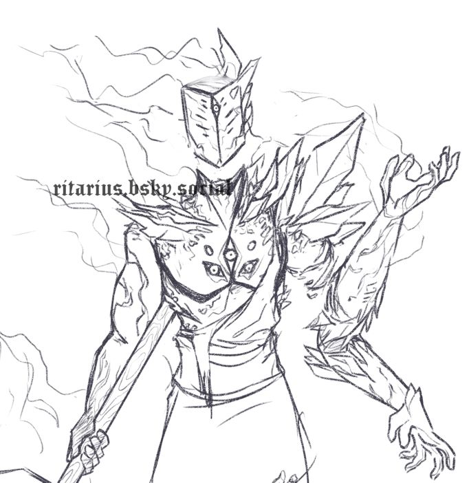 Uncolored sketch of my oc from 2021. It's a humanoid character with three arms and a floating head, its body is made of stone and sharp gems