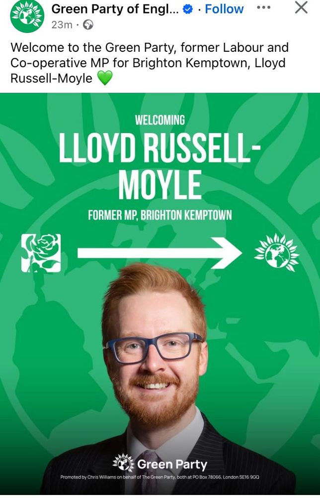 Announcement from the green party. Lloyd russell-moyle defects to green from labour.