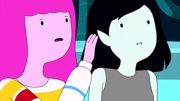 a cartoon character with pink hair is touching another character 's hair