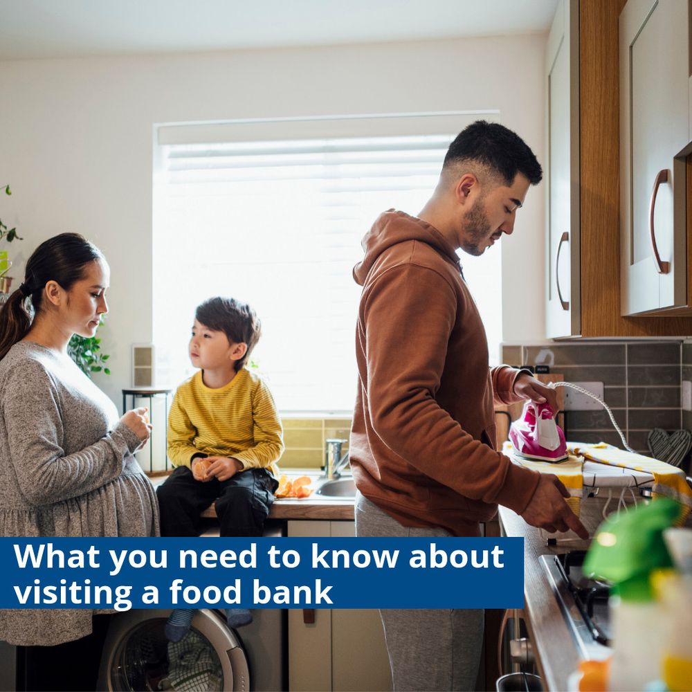Image of a family in a kitchen doing chores. Text reads: 'What you need to know visiting a food bank'