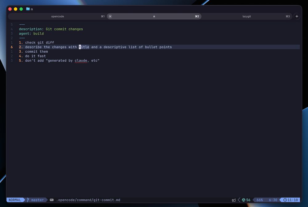 Dark code editor window showing a numbered list with Git commit guidelines: check diff, write descriptive title and bullets, commit quickly, avoid "generated by" notes.