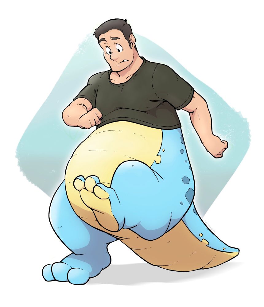 A man fretting over his comically large transformed bottom half