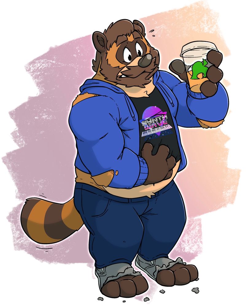A shocked man transformed into a big, burly, chubby furry tanuki, left wondering what it is about Tanuki Tea that makes him feel a certain way…